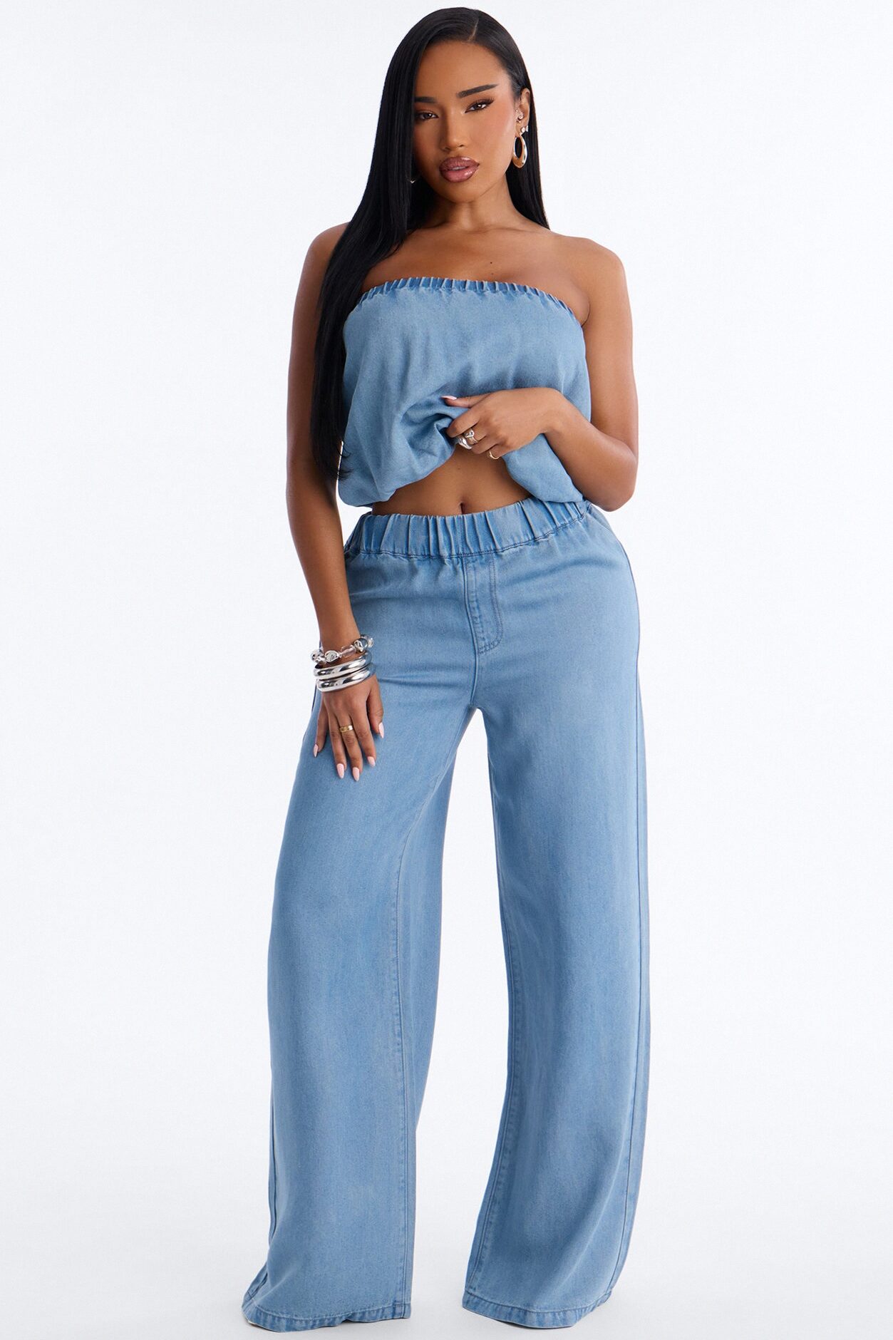 Celeste Chambray Strapless Pant Set - Light Wash