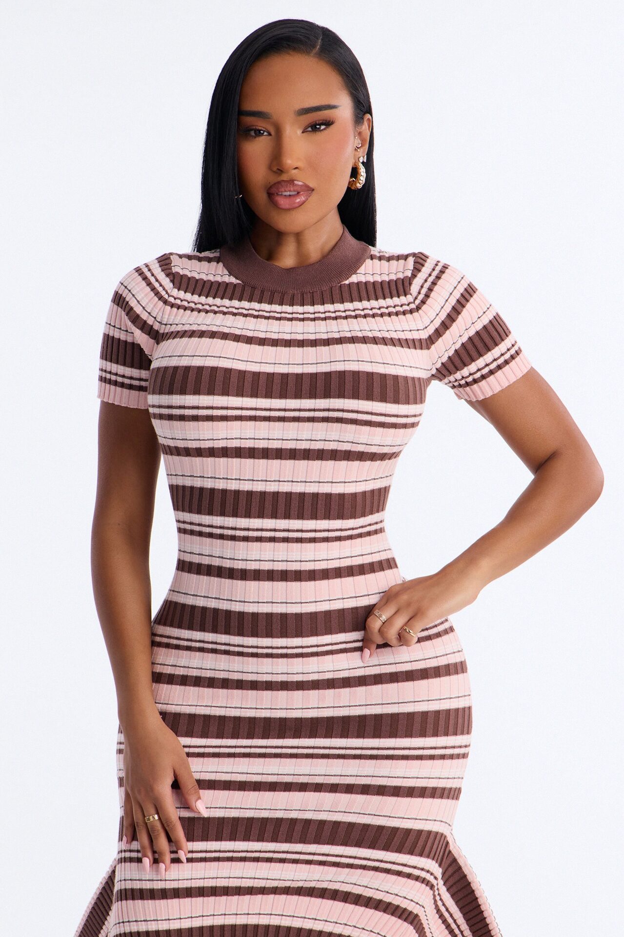 Rare Catch Ribbed Striped Midi Dress - Mocha/combo