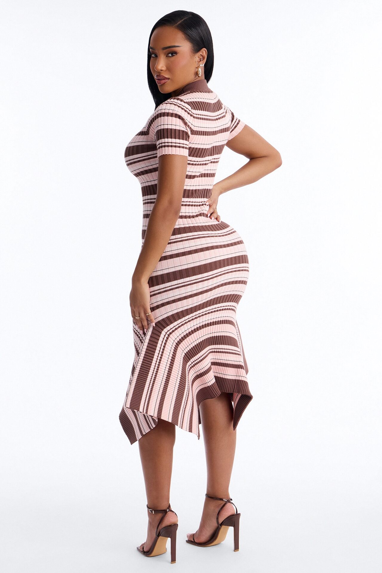 Rare Catch Ribbed Striped Midi Dress - Mocha/combo