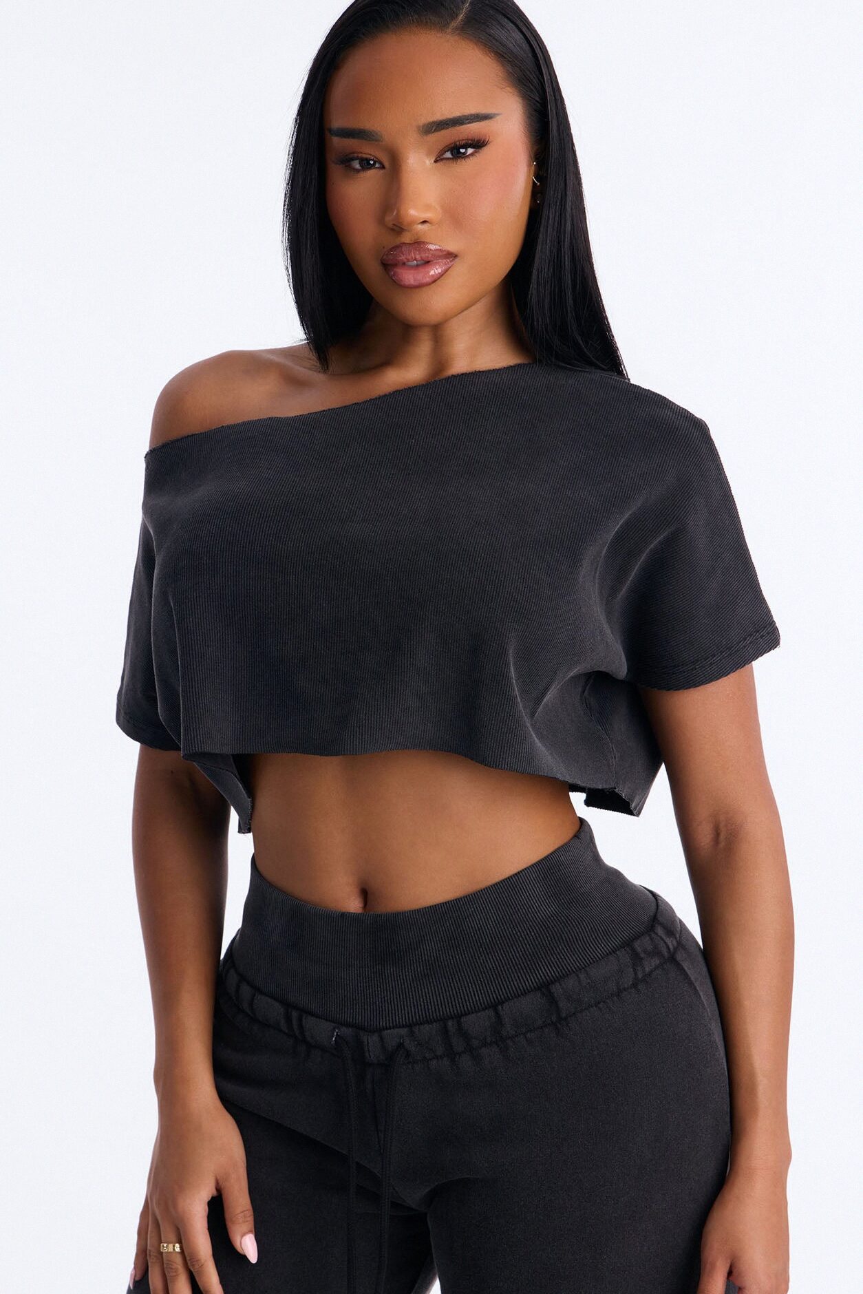 Mila Off Shoulder Top And Sweatpant Set - Charcoal