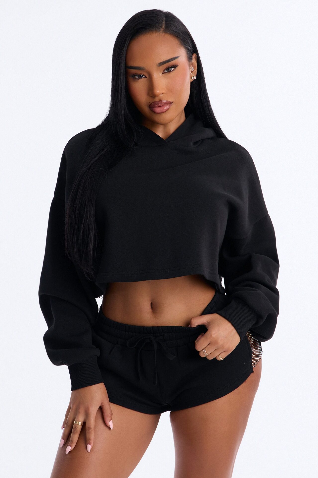 Midnight Sparkle Rhinestone Fleece Short Set - Black