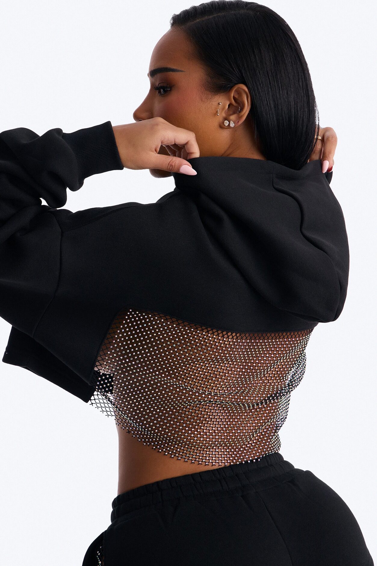 Midnight Sparkle Rhinestone Fleece Short Set - Black