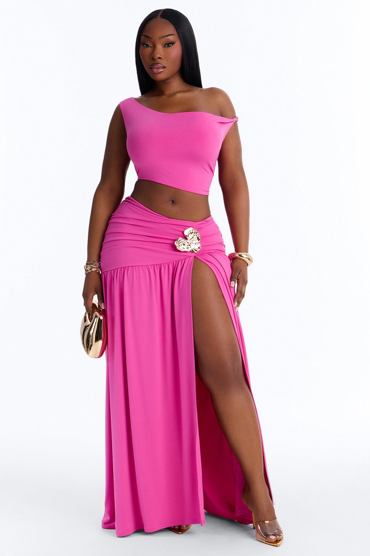 Marilyn Off Shoulder High Slit Maxi Skirt Set - Magenta