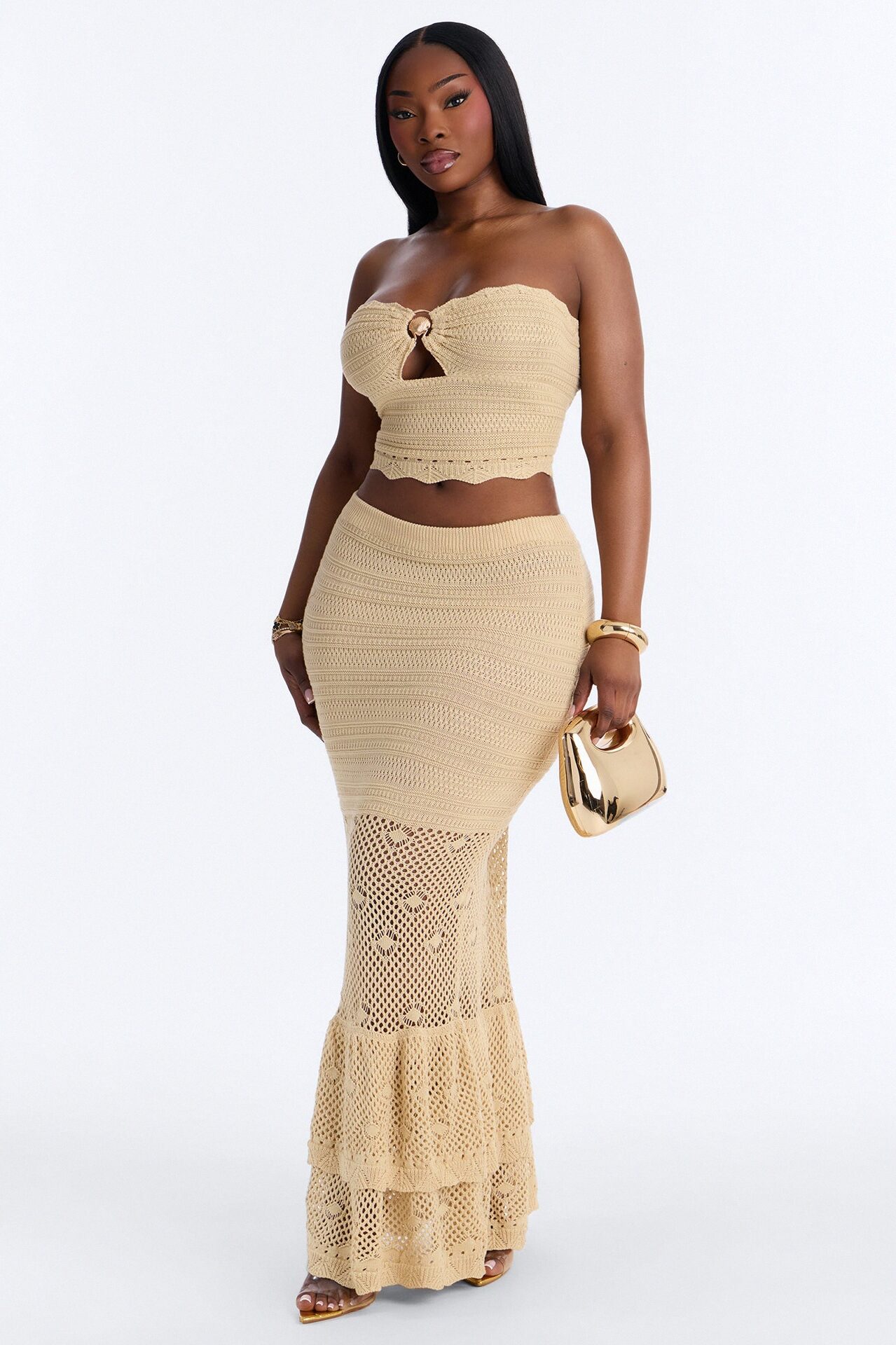 Solia Strapless Crochet Skirt Set - Taupe