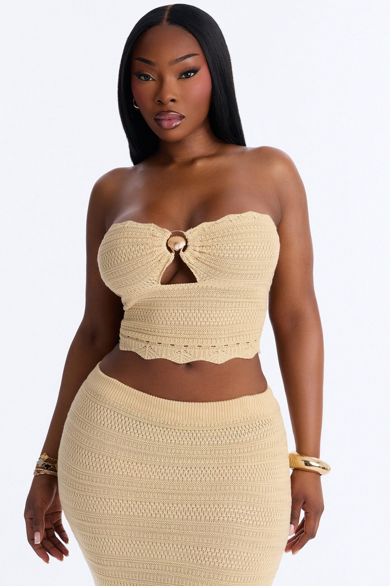 Solia Strapless Crochet Skirt Set - Taupe