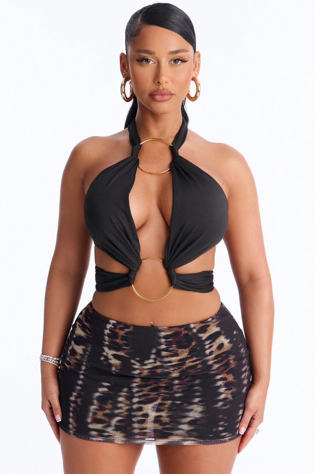 Ibizia Baddie Twist Cut Out Hardware Halter Top - Black