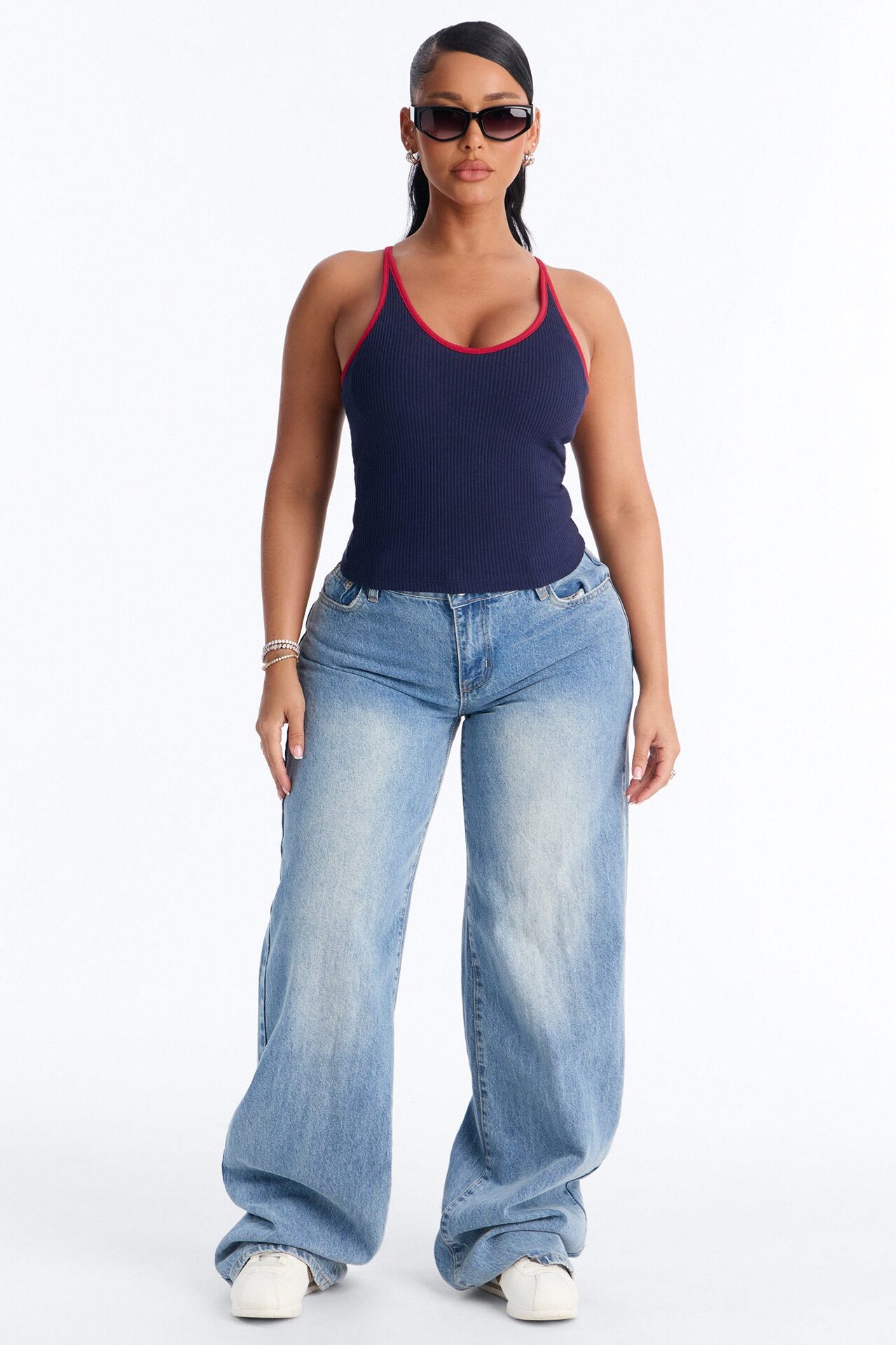 Boat Days Ribbed Padded Scoop Neck Tank Top - Navy/combo