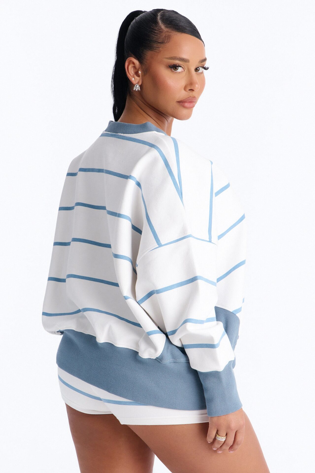 Ellie Striped Fold Over Micro Short Set - White/Blue