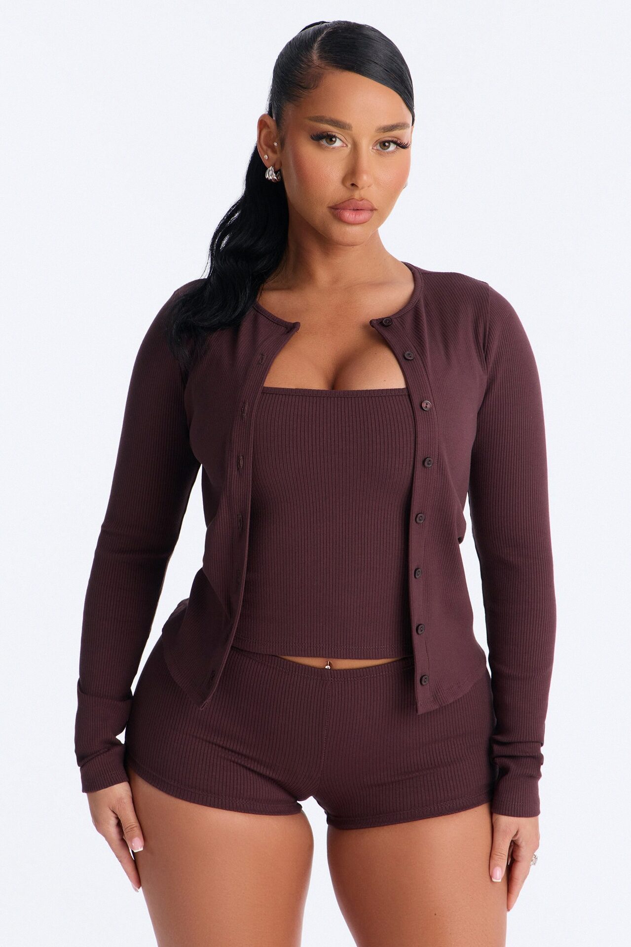 Rachel Ribbed Micro Mini Short Set - Chocolate