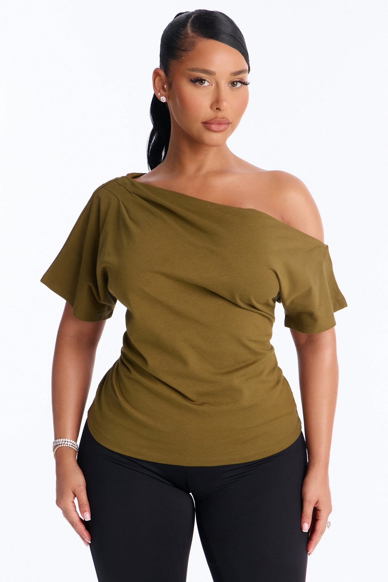 City Lounge Off Shoulder Short Sleeve T-Shirt - Olive