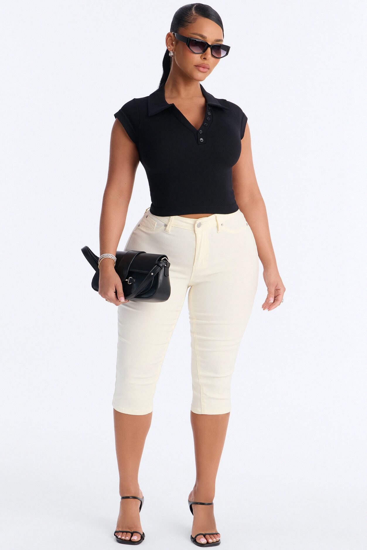 Camila Cap Sleeve Basic Polo Top - Black