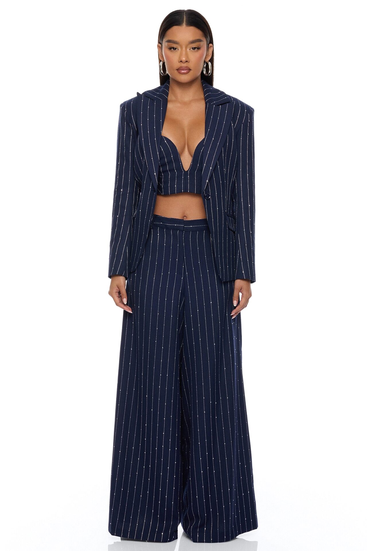 Adyson Embellished Pinstripe Wide Leg Pant - Navy/combo