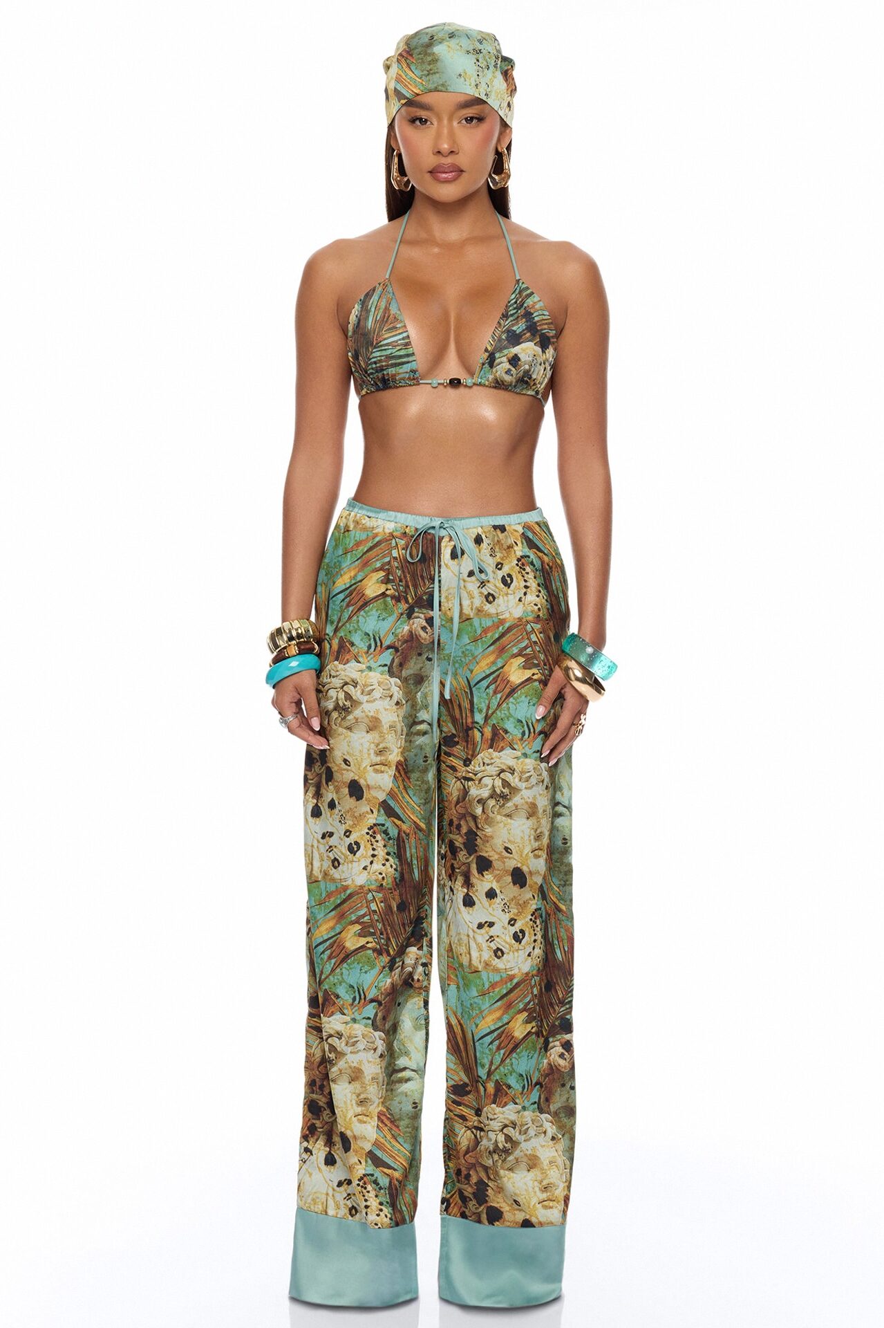 Call Me Coastal Satin Pant Set - Blue/combo