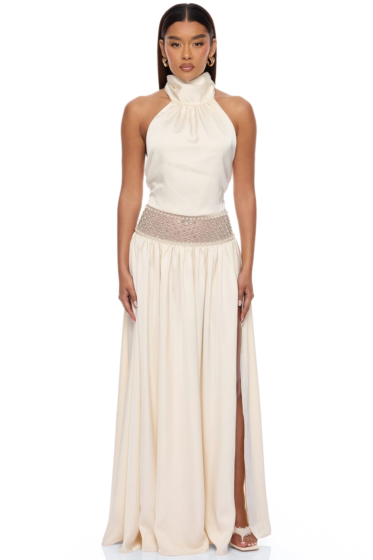 Anya Embellished Satin Maxi Dress - Cream