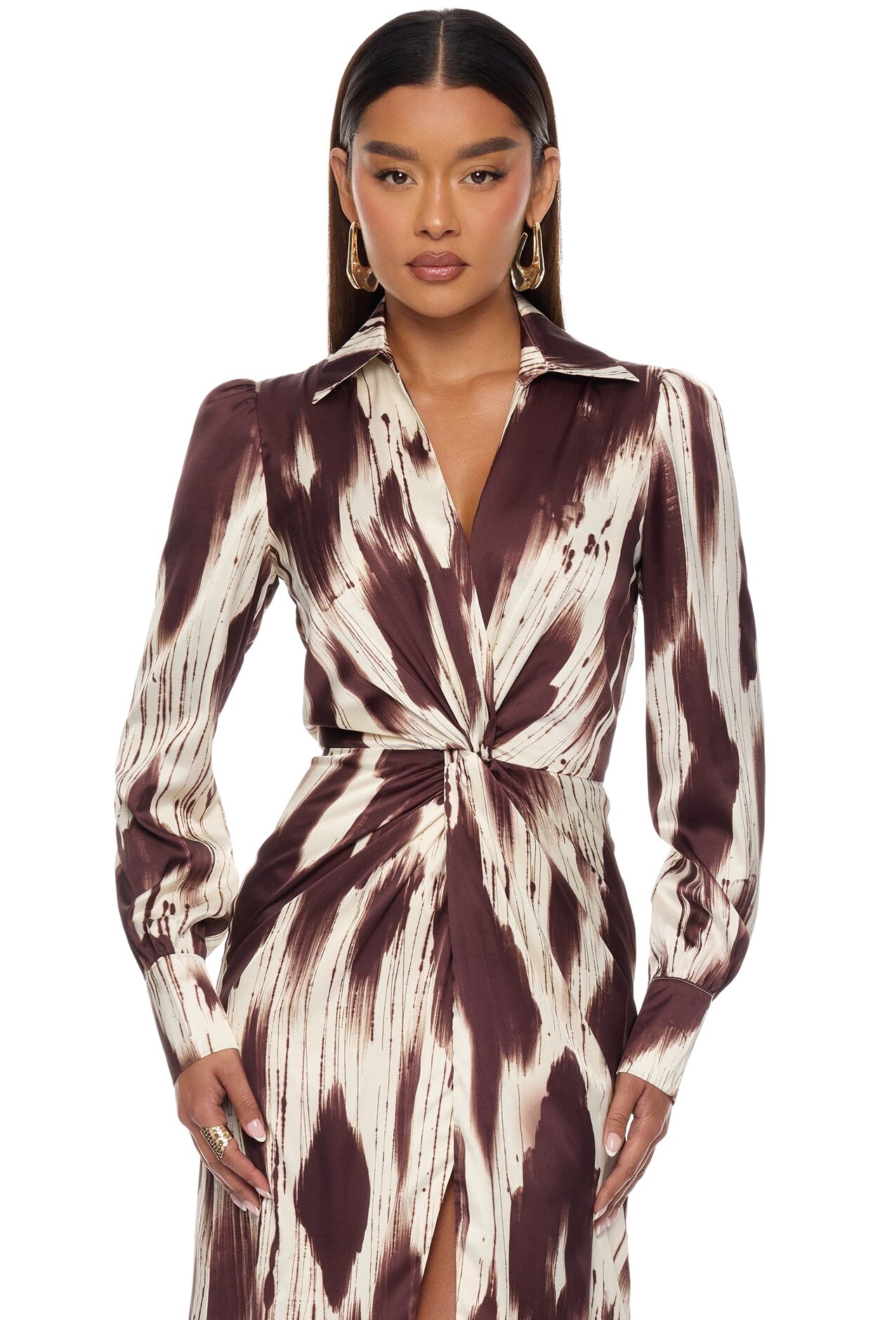 Sashira Collared Satin Maxi Dress - Brown/combo