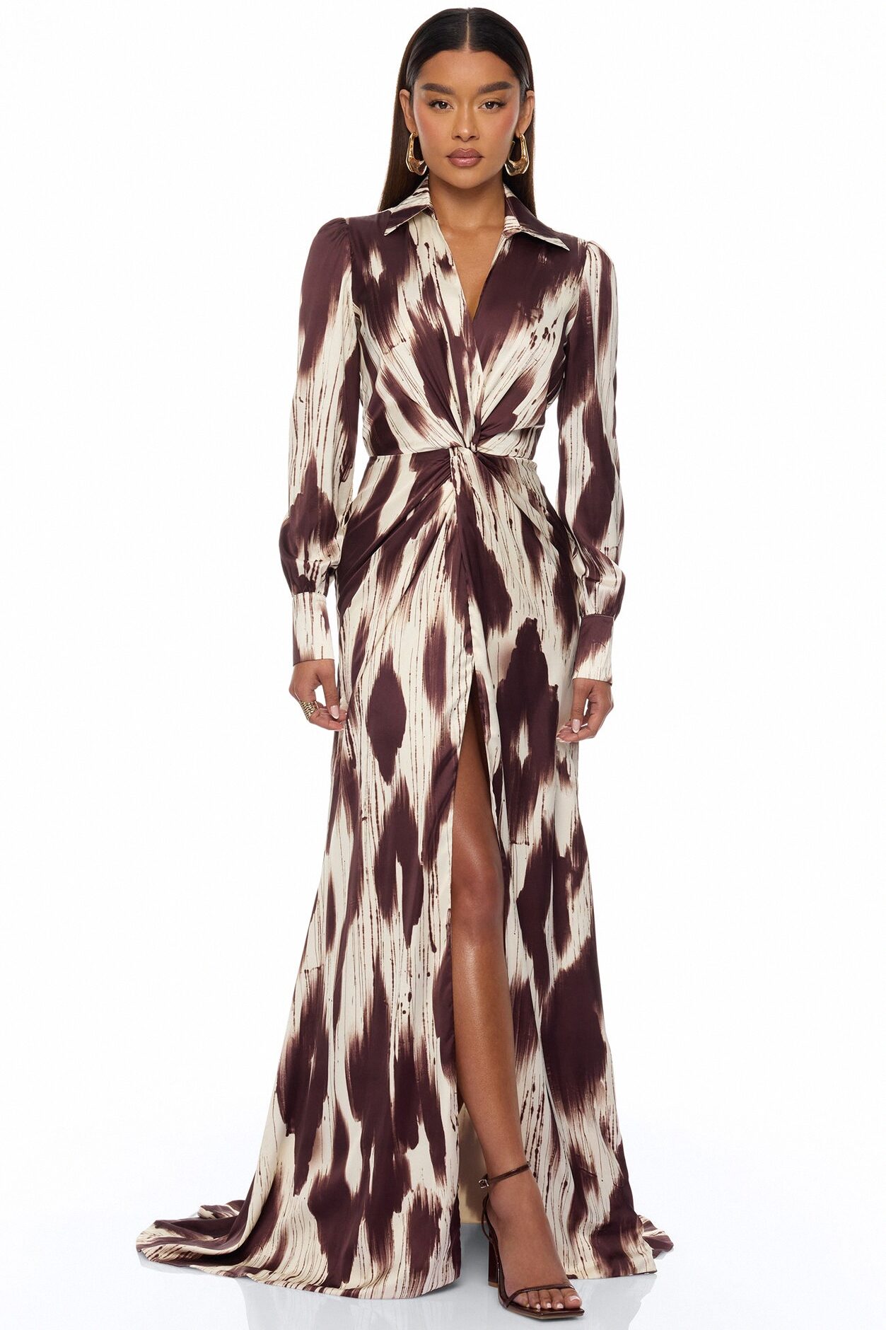 Sashira Collared Satin Maxi Dress - Brown/combo