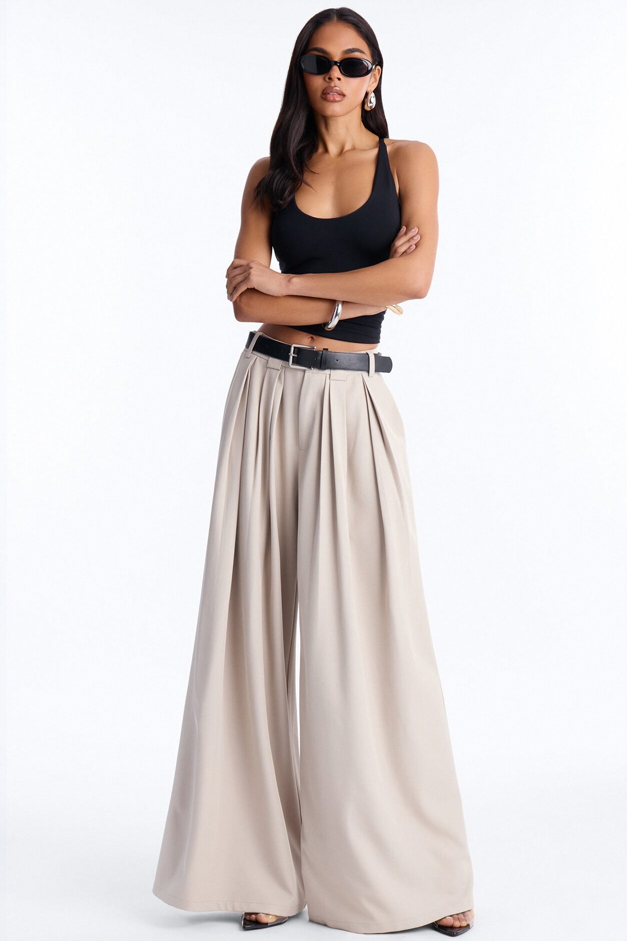 No Brainer Belted Wide Leg Pleated Pant - Stone