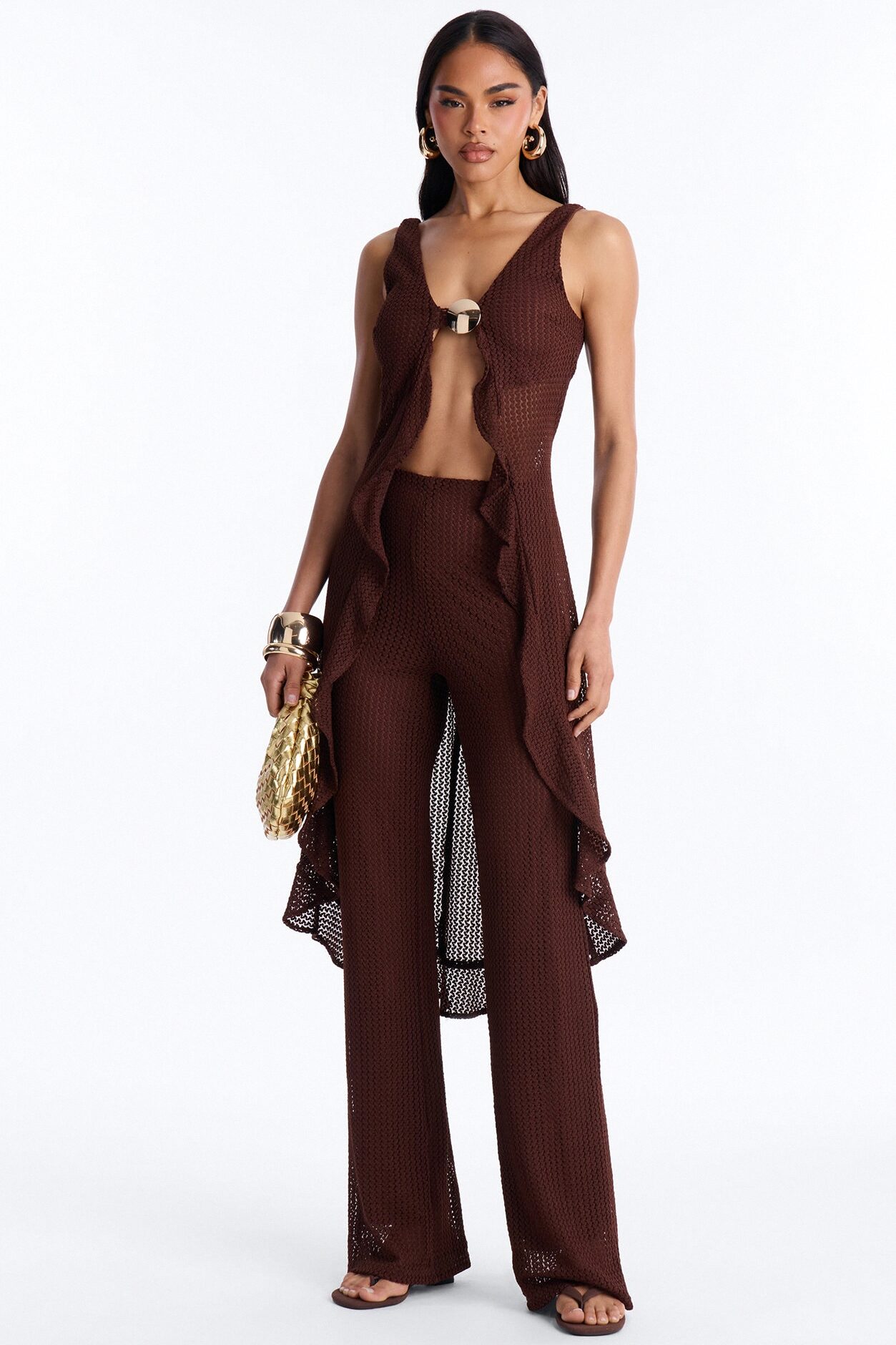 Jenni Flowy Crochet Pant Set - Chocolate