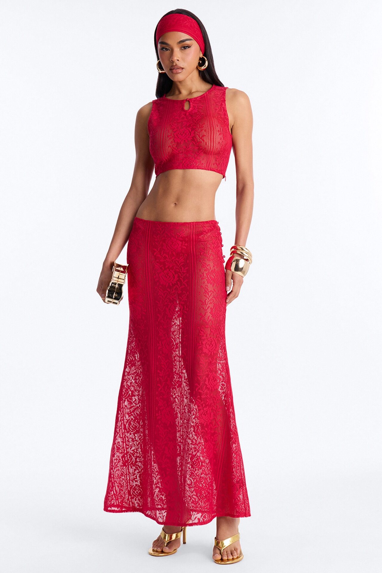 Alexis 3 Piece Lace Maxi Skirt Set - Red