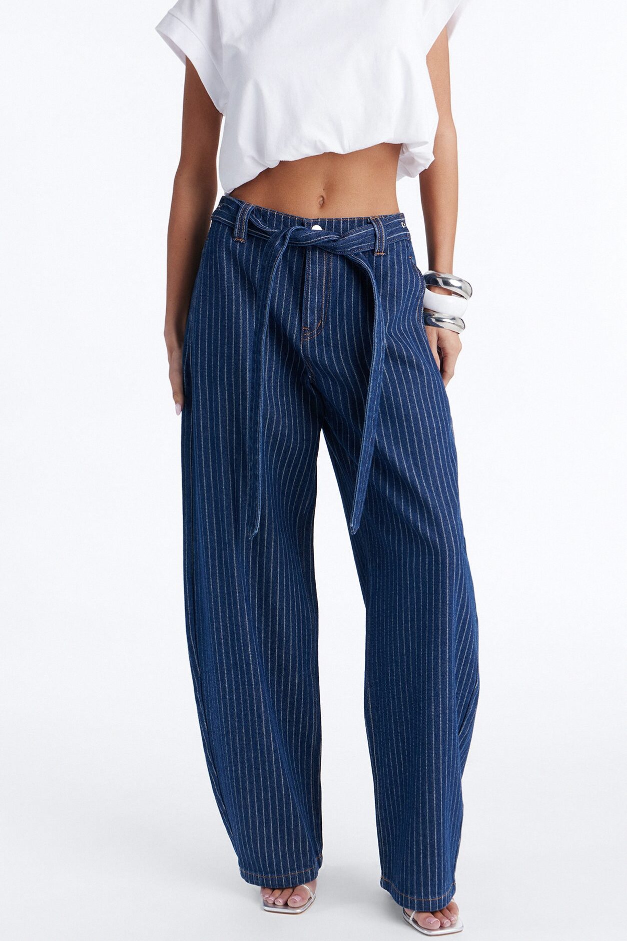 Up The Road Pinstripe Belted Jeans - Dark Wash