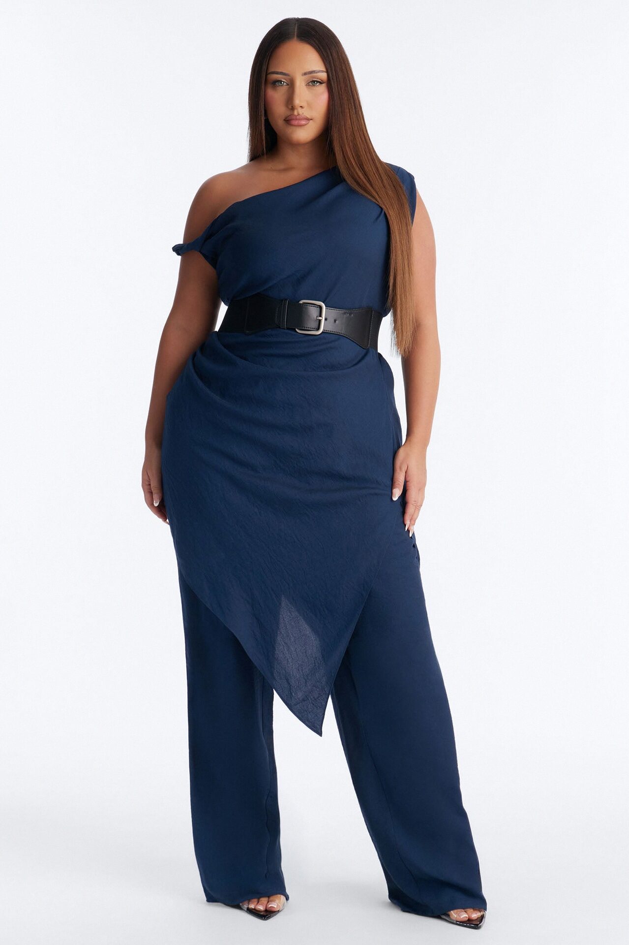 Willow Belted Asymmetrical Pant Set - Navy