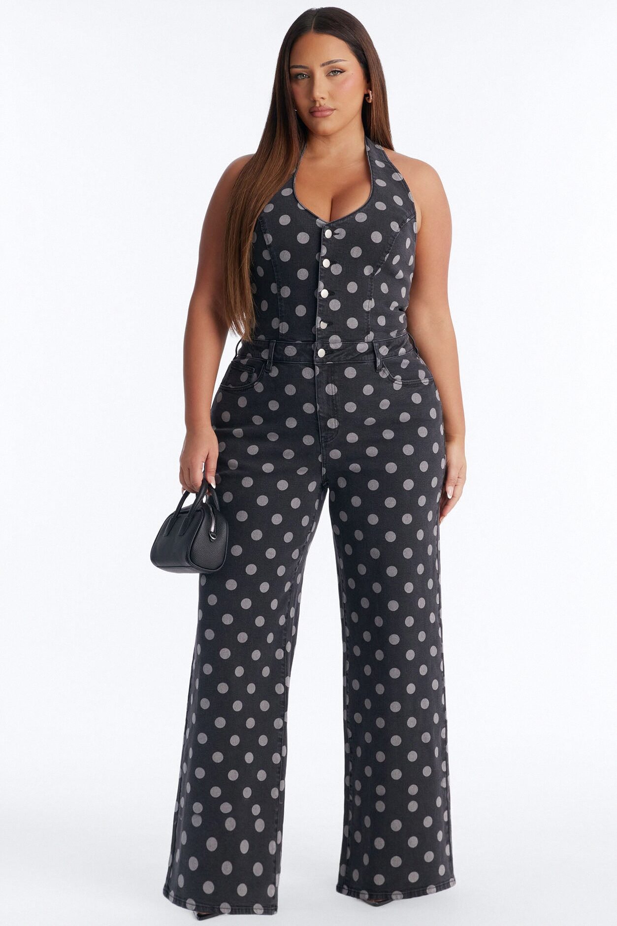Deena Denim Polka Dot Jumpsuit - Charcoal