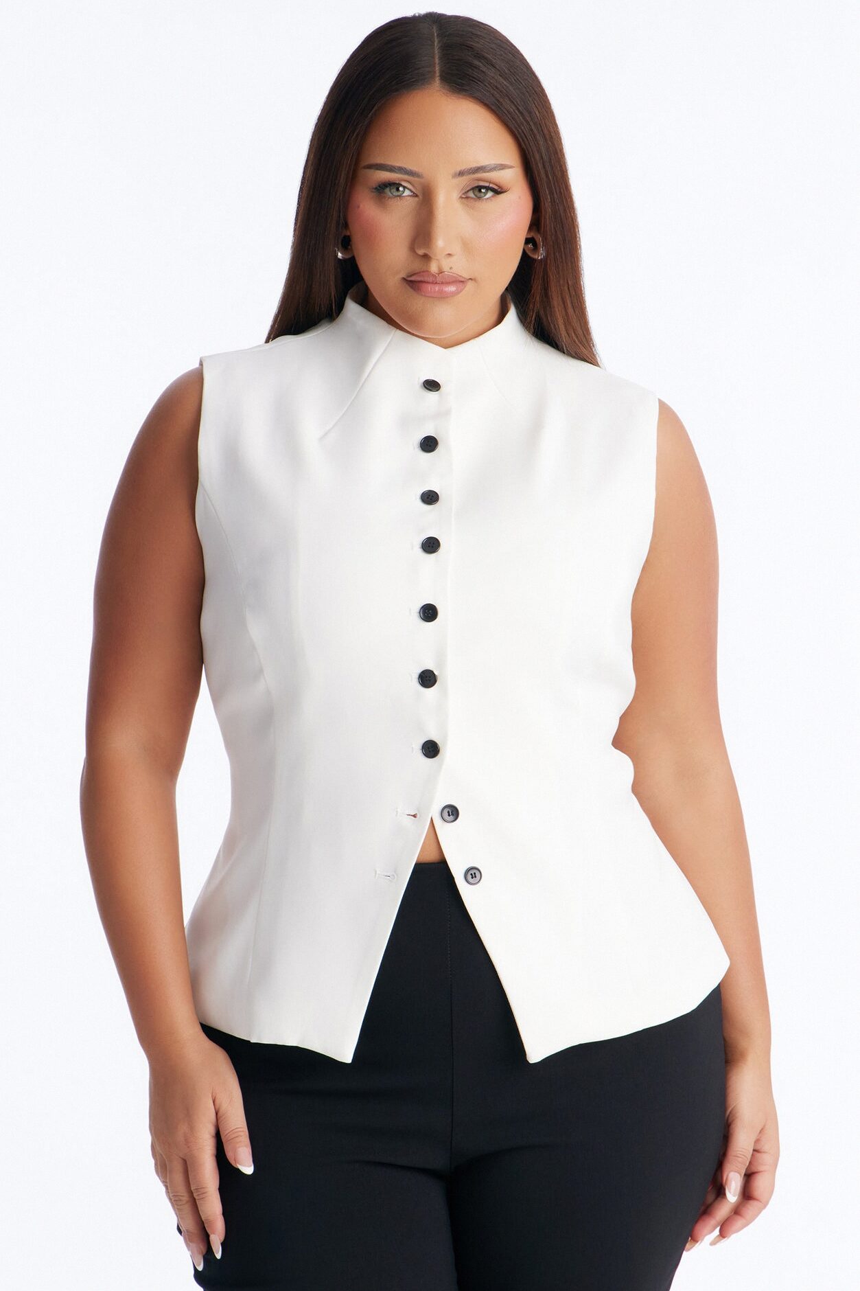 Lana Mock Neck Twill Top - White