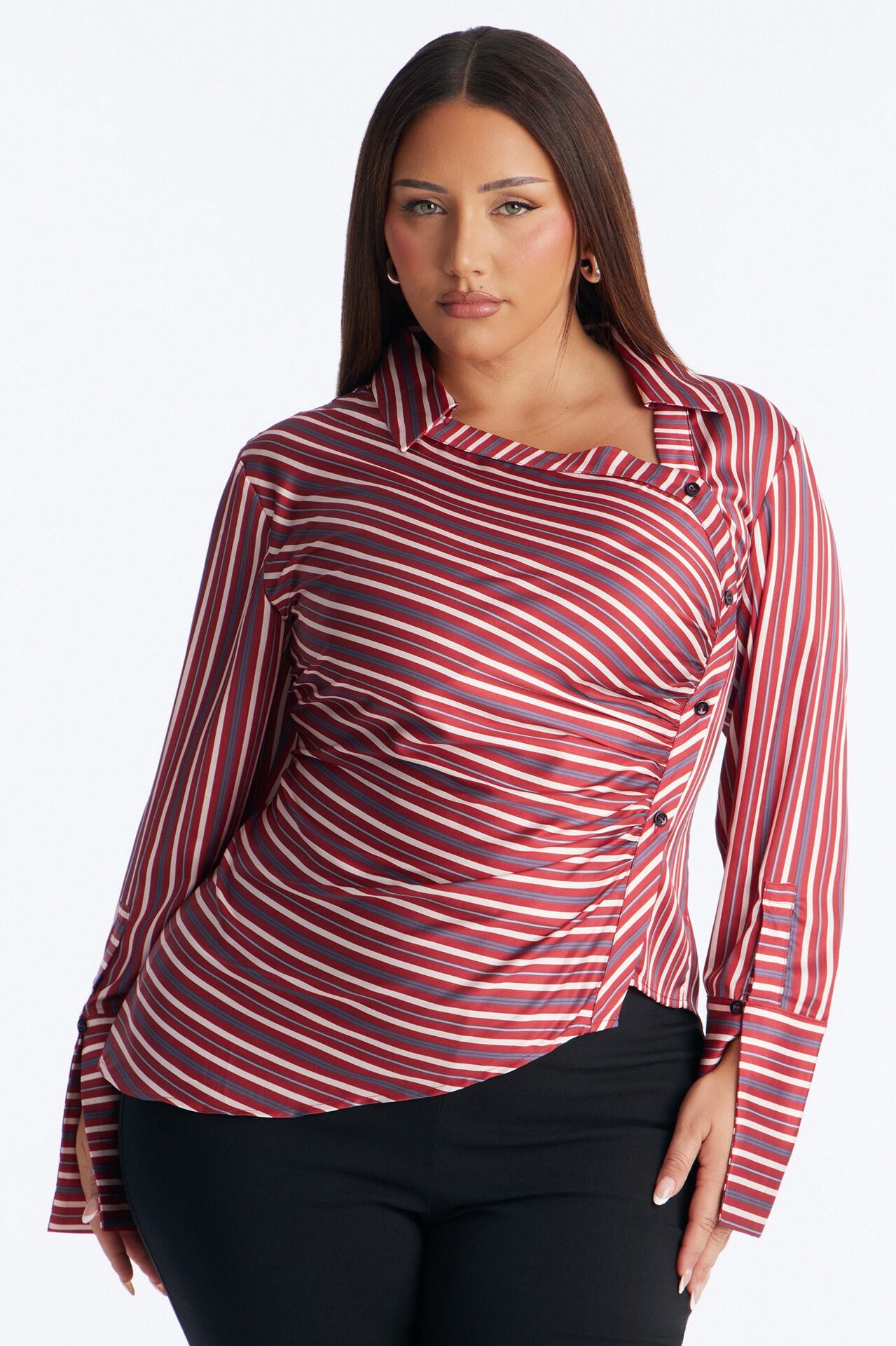 Office Cool Asymmetrical Striped Satin Shirt - Red/combo