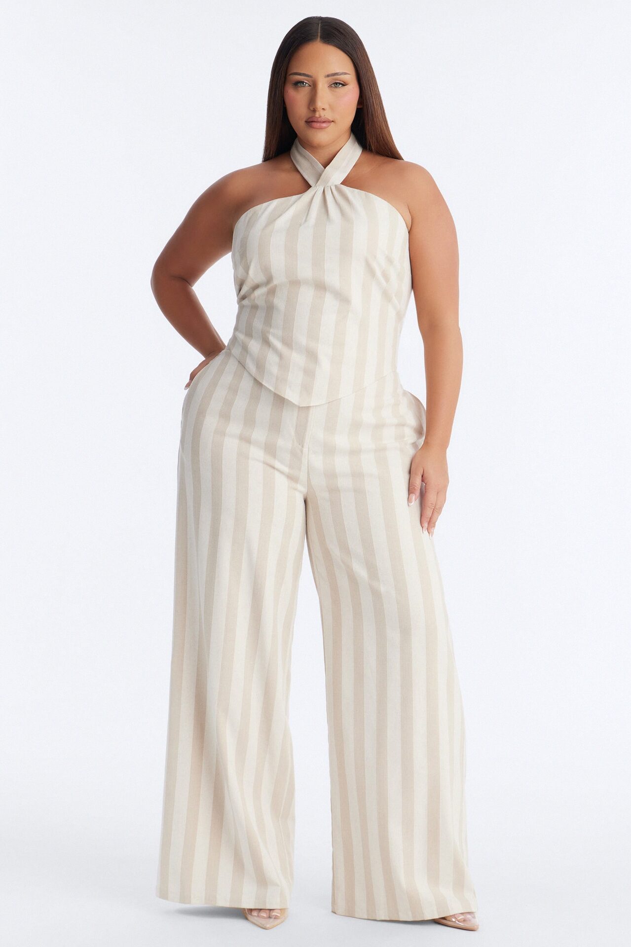 Cruise Attire Striped Linen Halter Top - Taupe/combo