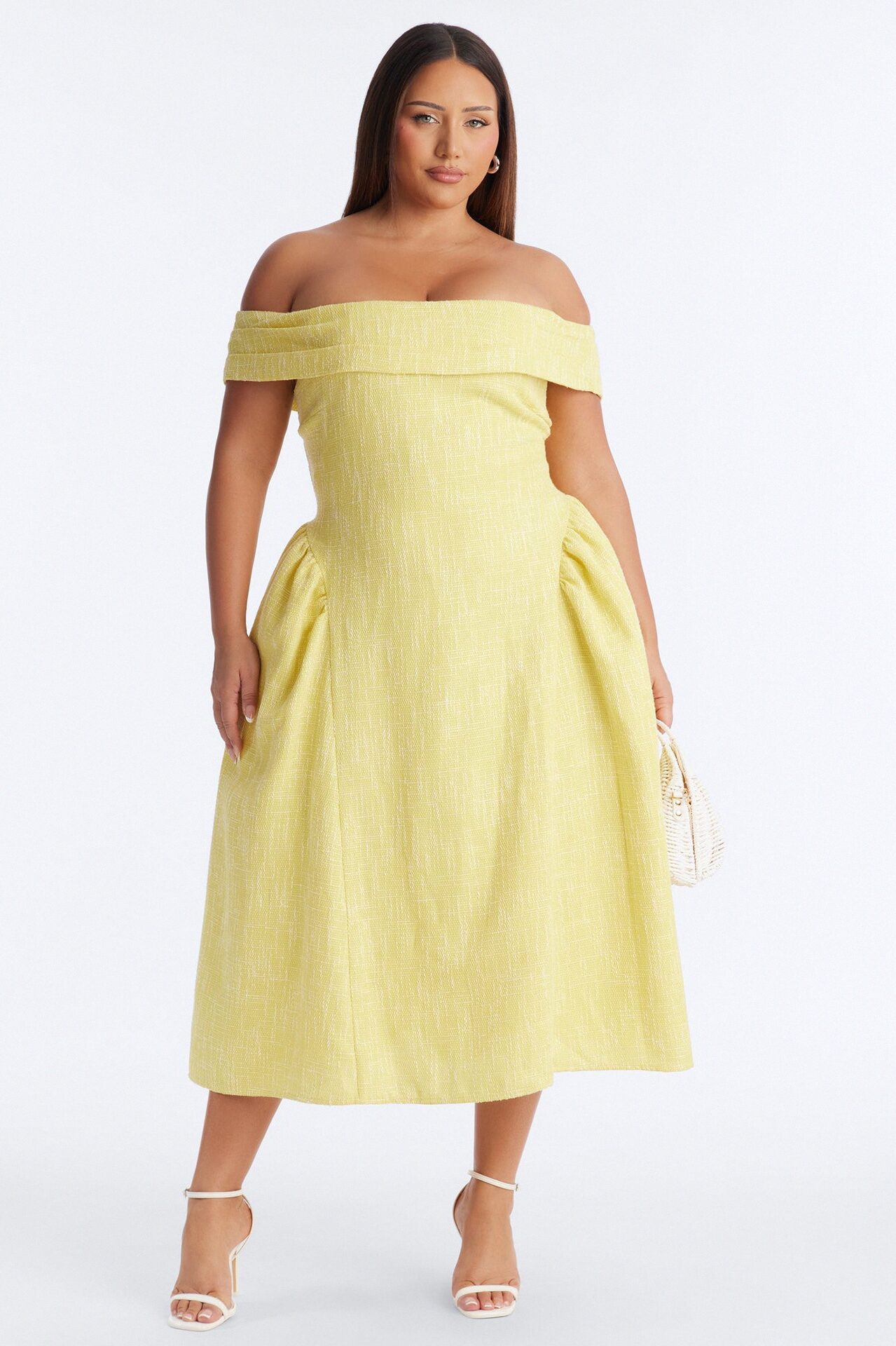Paisley Off Shoulder Tweed Midi Dress - Yellow