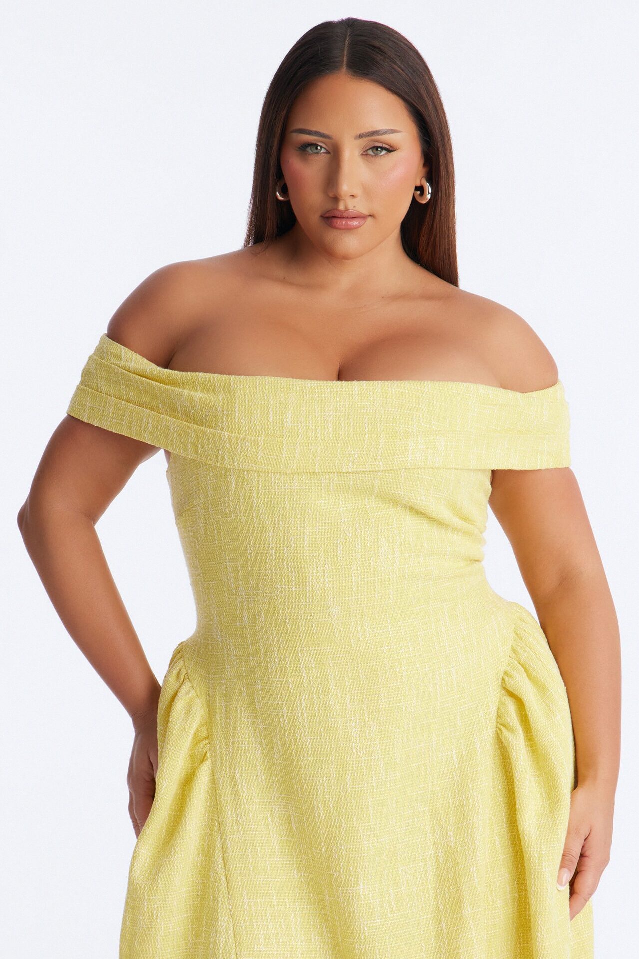Paisley Off Shoulder Tweed Midi Dress - Yellow