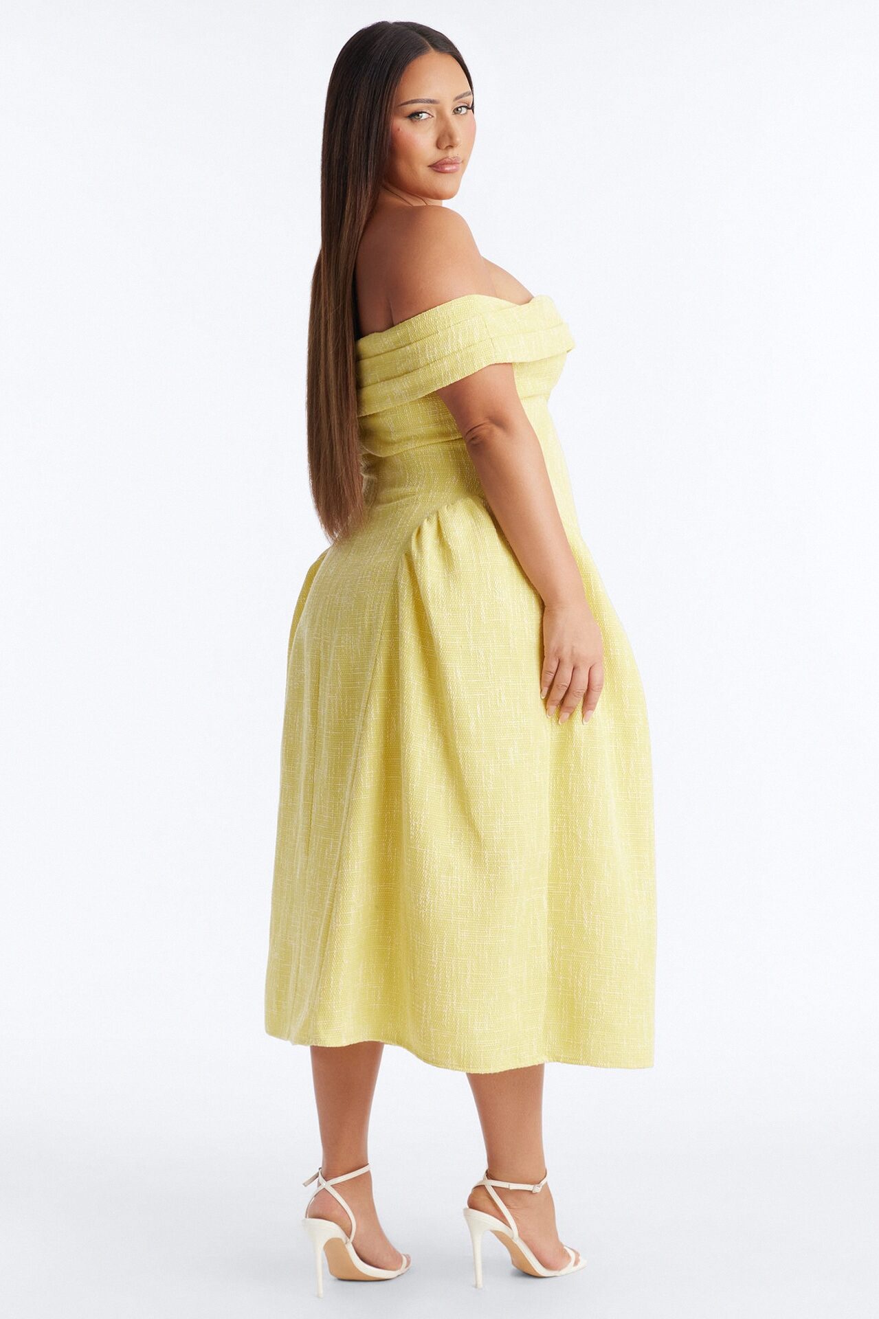 Paisley Off Shoulder Tweed Midi Dress - Yellow