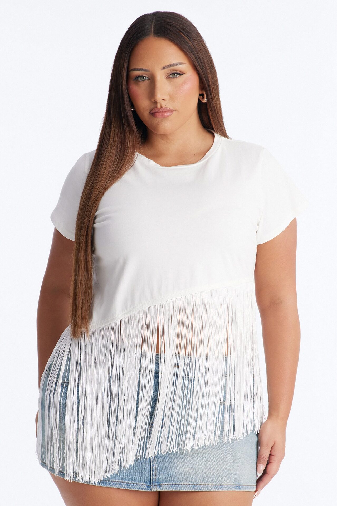 Fringe Me Up Asymmetrical Short Sleeve Top - White
