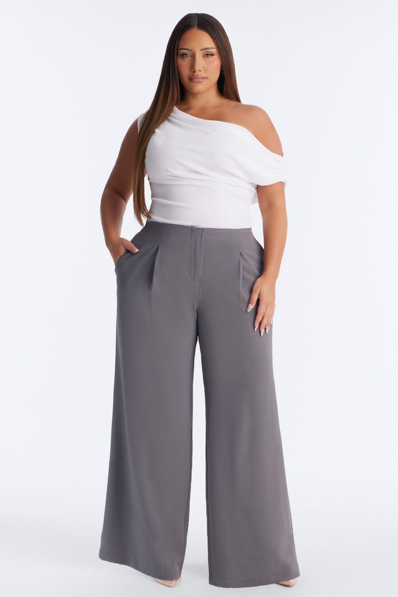 Zamara High Rise Clean Waistband Trouser Pant 33″ - Charcoal