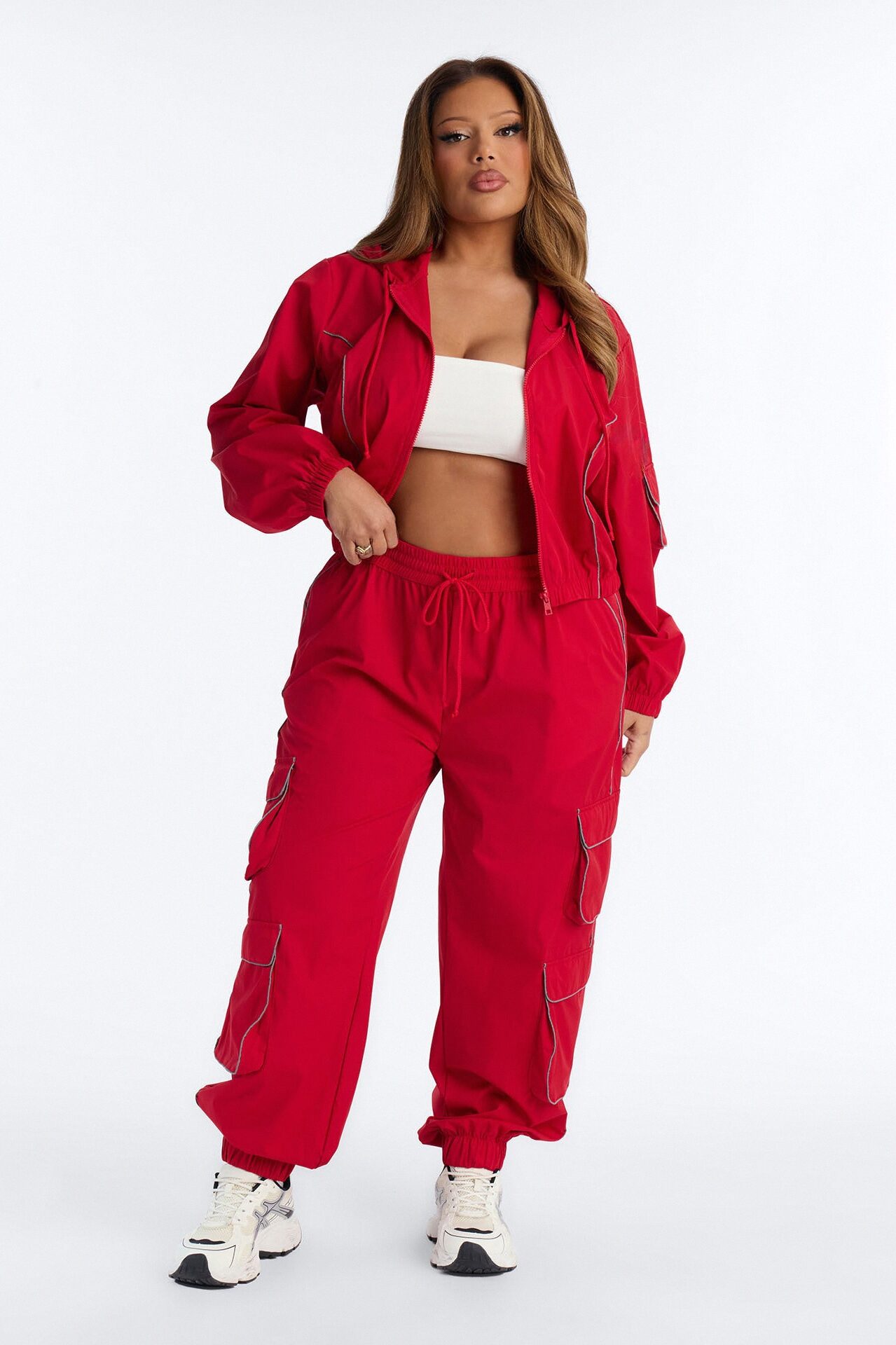 Nessa Nylon Cargo Hoodie Jogger Set - Red