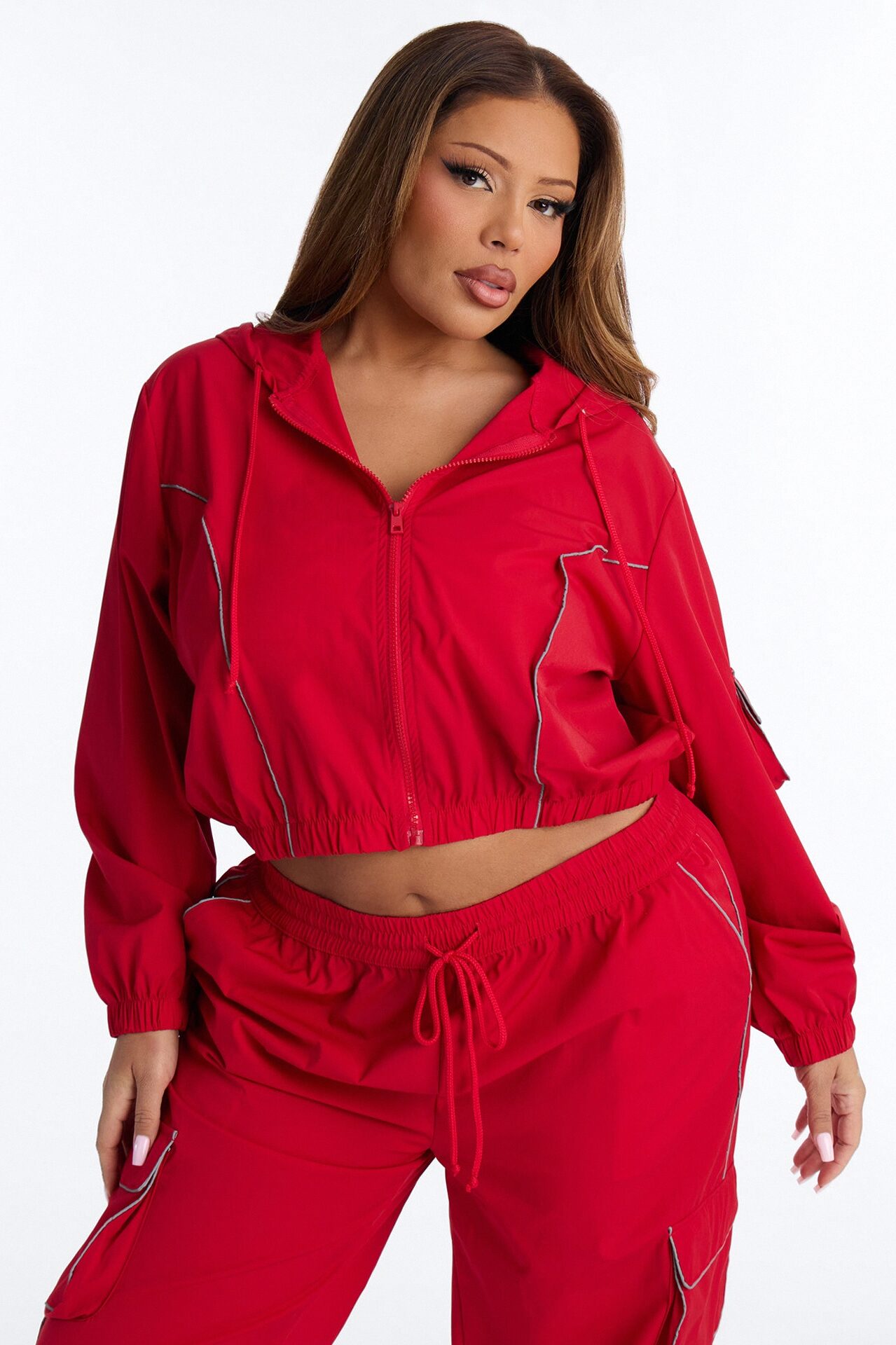 Nessa Nylon Cargo Hoodie Jogger Set - Red