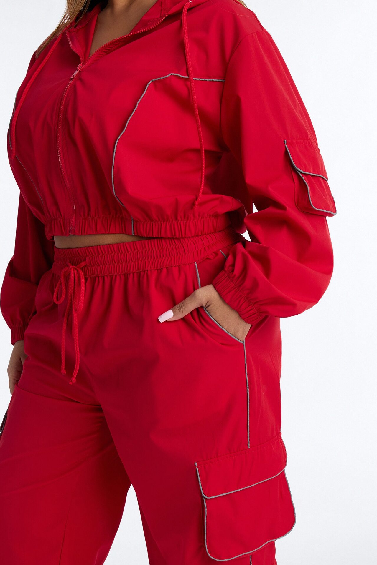 Nessa Nylon Cargo Hoodie Jogger Set - Red