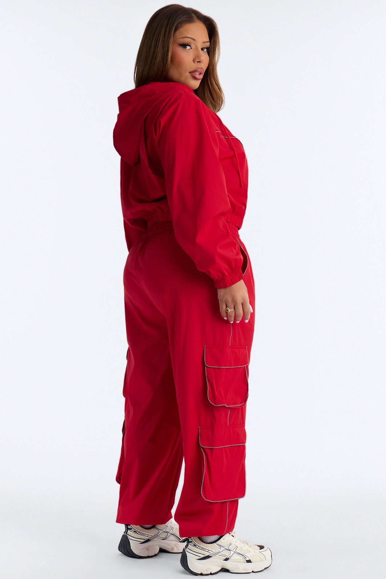Nessa Nylon Cargo Hoodie Jogger Set - Red