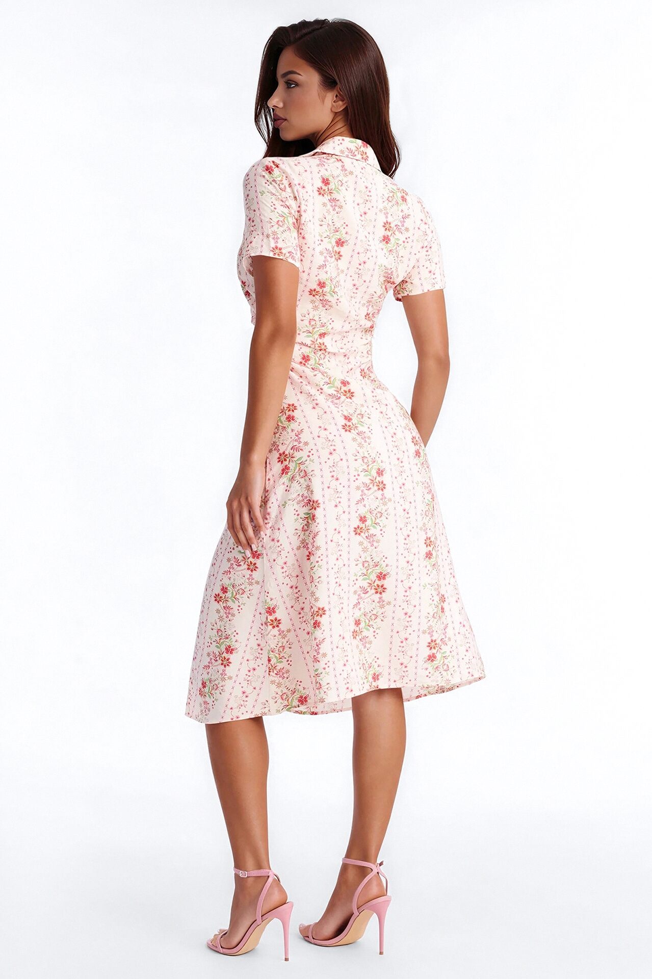 Selene Ruched Floral Midi Shirt Dress - Pink/combo