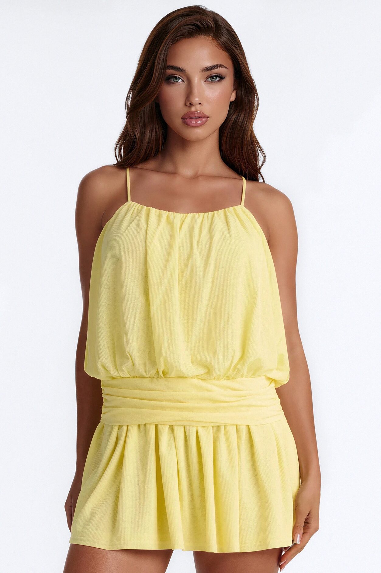 Luna Spaghetti Strap Textured Mini Dress - Yellow