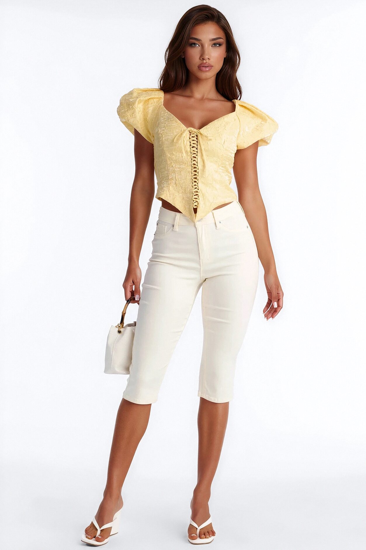 Royal Attitude Puff Sleeve Lace Up Top - Butter Yellow
