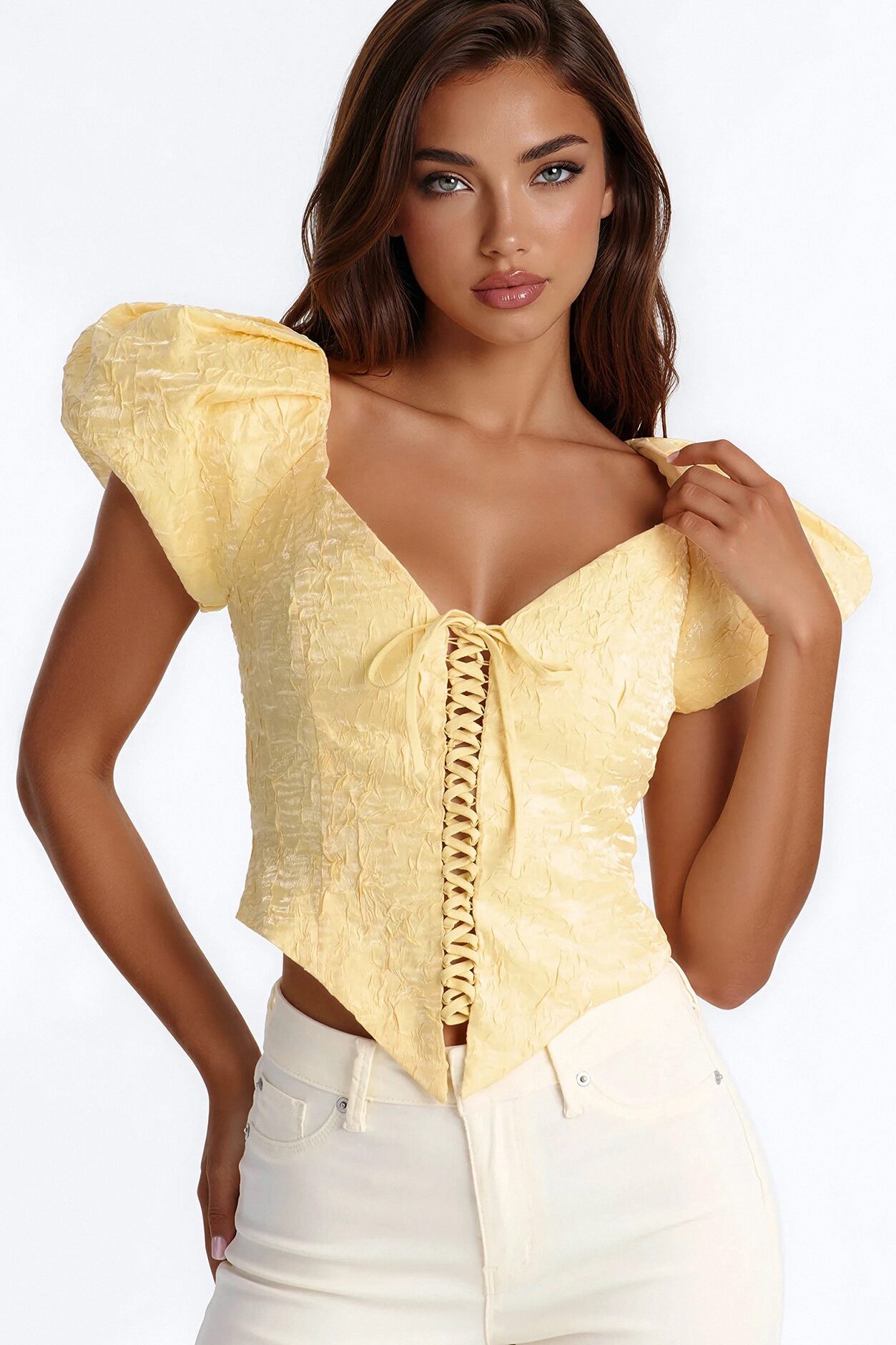 Royal Attitude Puff Sleeve Lace Up Top - Butter Yellow