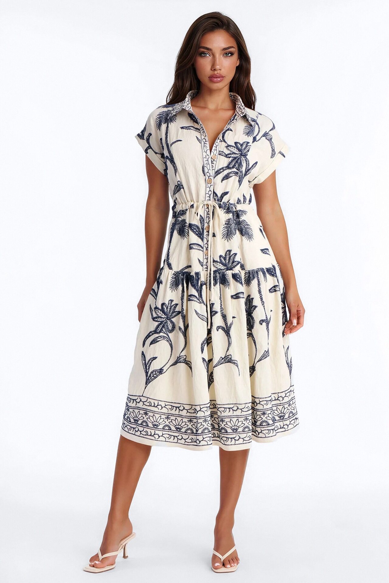 Maria Embroidered Midi Dress - White/Blue
