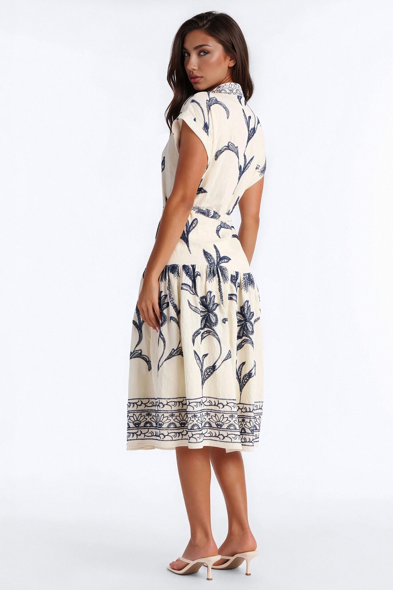 Maria Embroidered Midi Dress - White/Blue