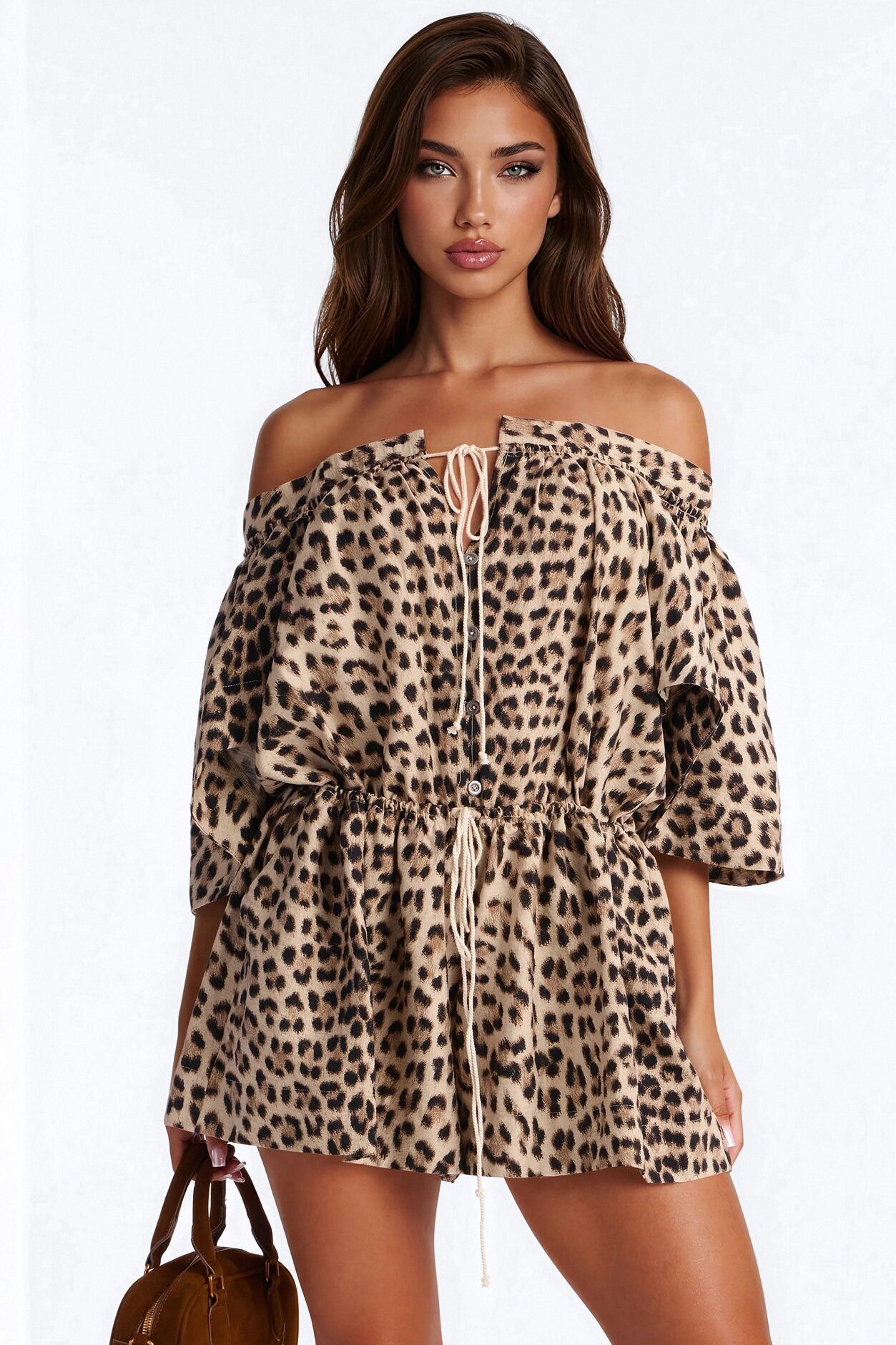 Xandra Leopard Short Sleeve Flowy Romper - Leopard