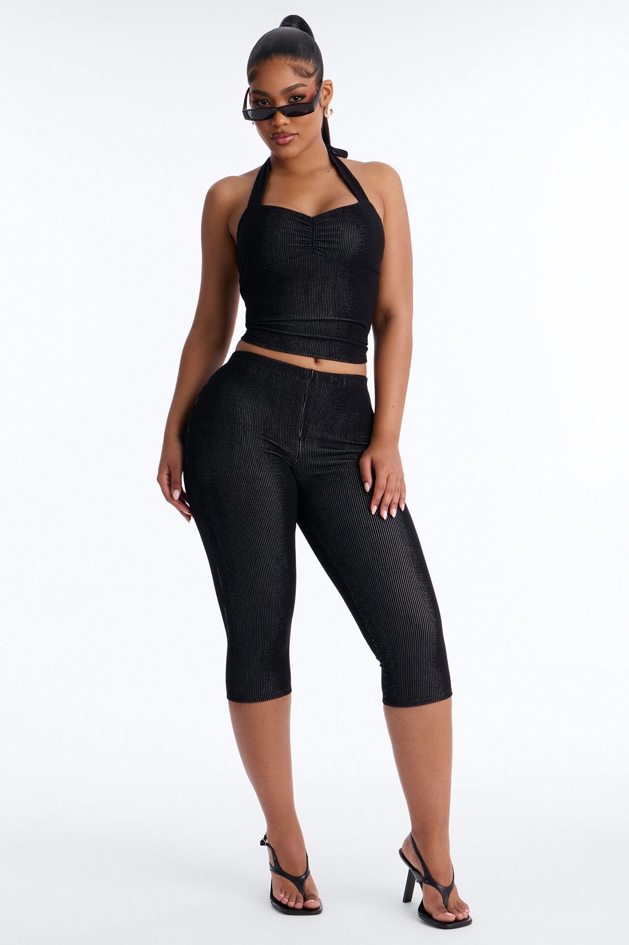 Liana Halter Ribbed Capri Set - Black