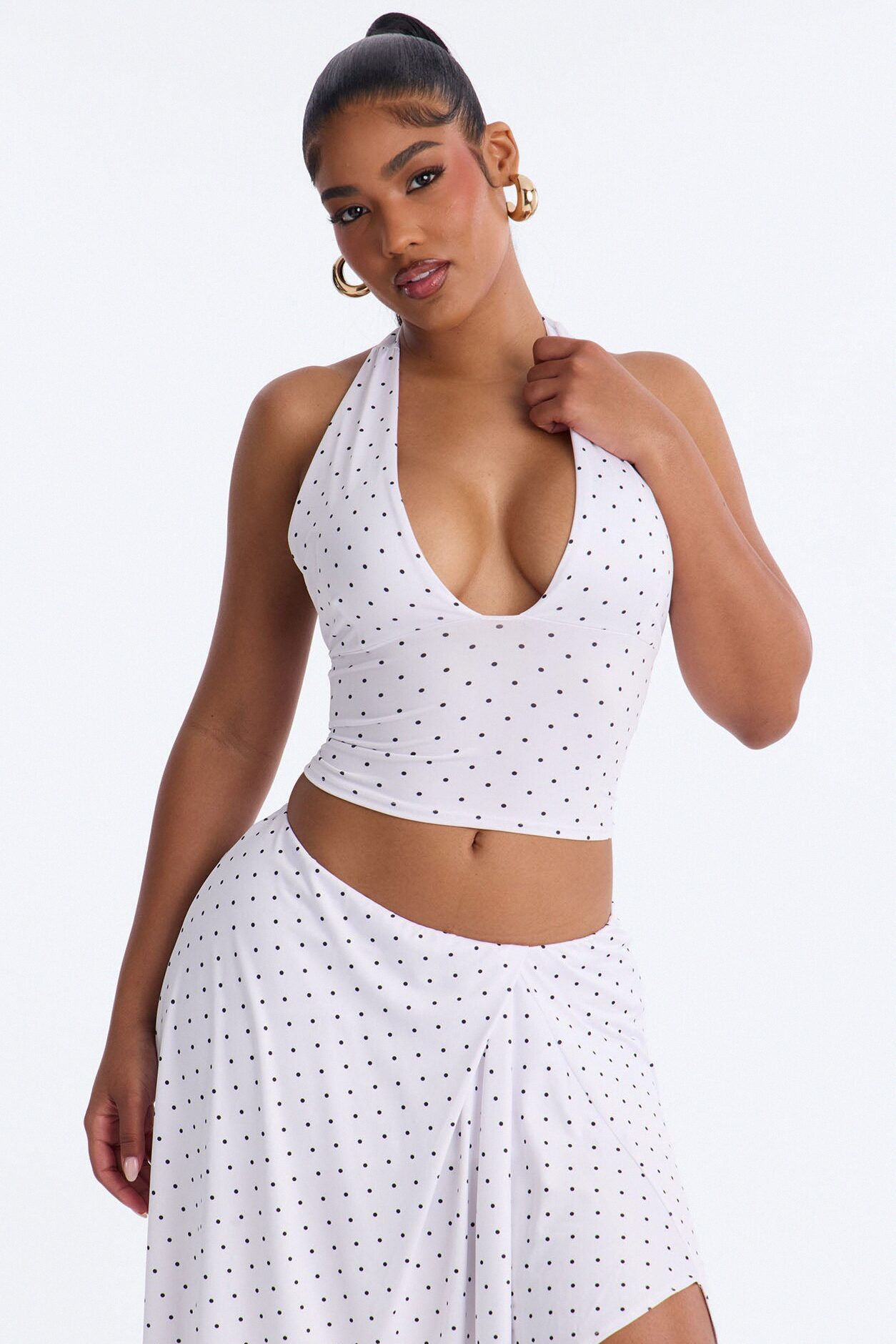 Dolly Halter Polka Dot Skirt Set - White/Black