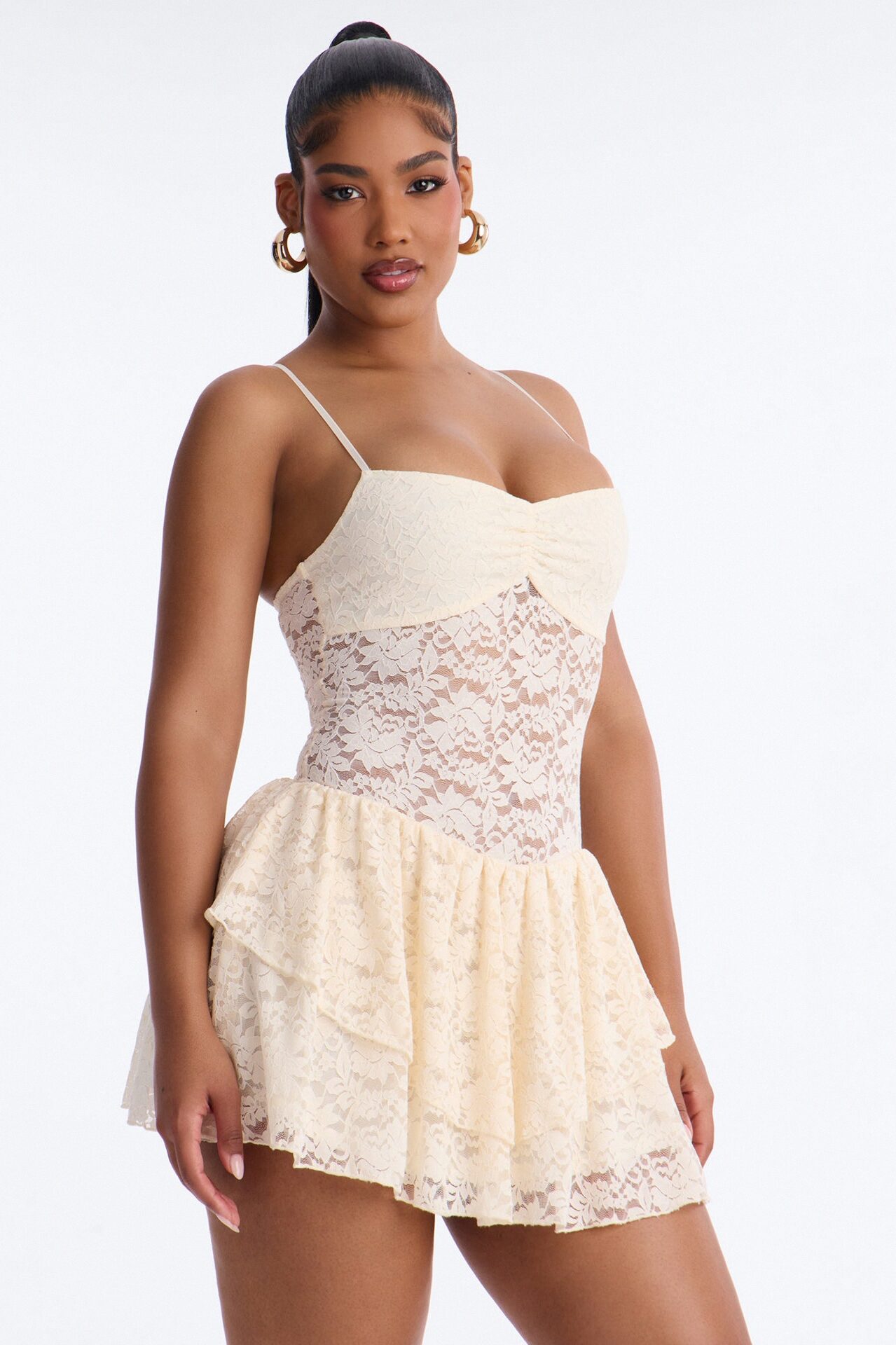 Cecilia Ruffle Lace Mini Dress - Cream