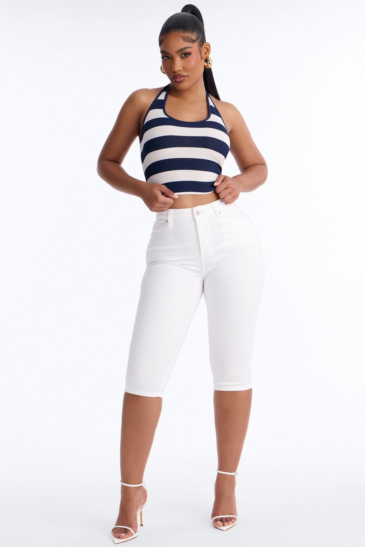 Harbor Babe Striped Scoop Neck Halter Top - Navy/combo