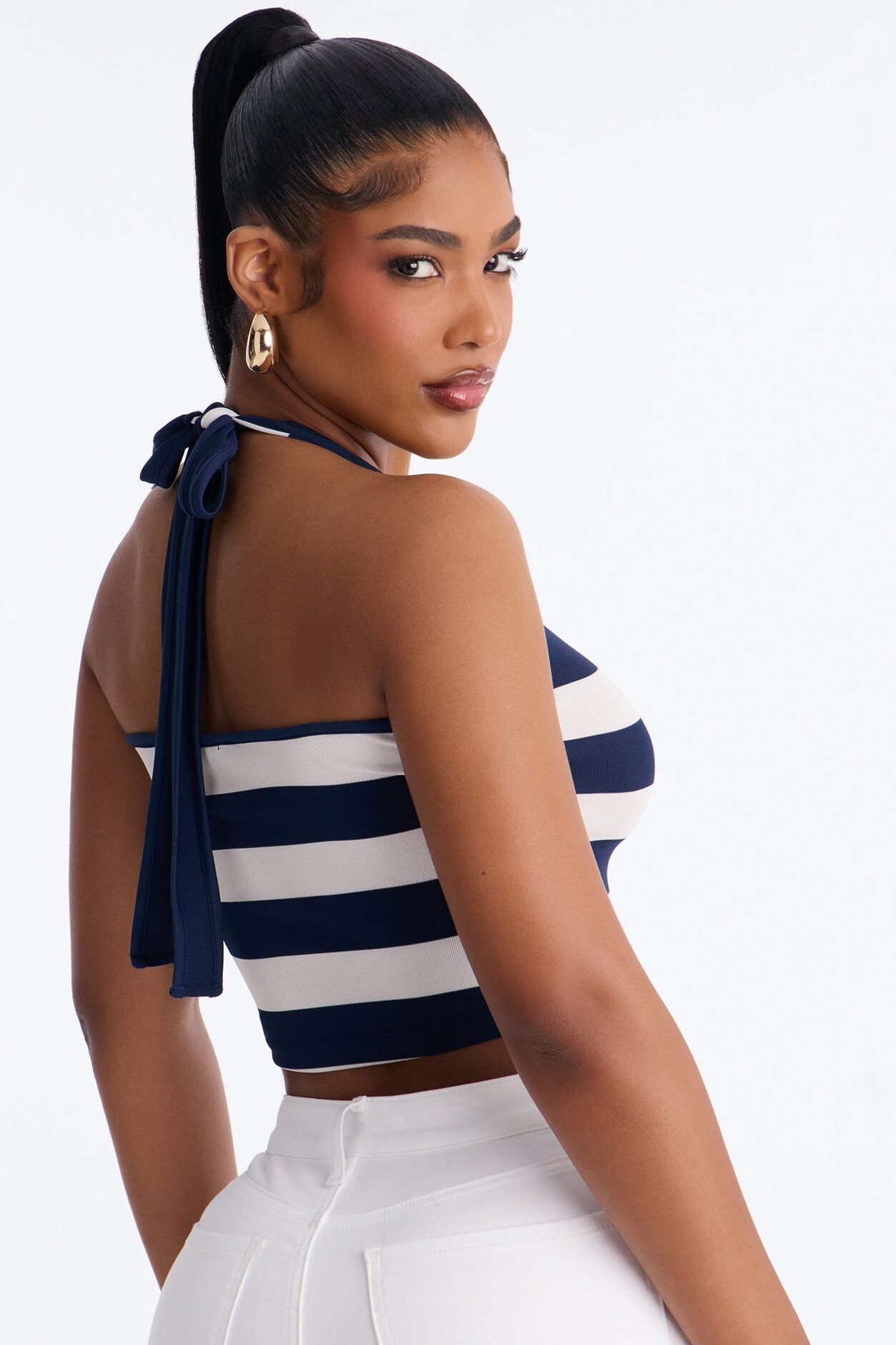 Harbor Babe Striped Scoop Neck Halter Top - Navy/combo
